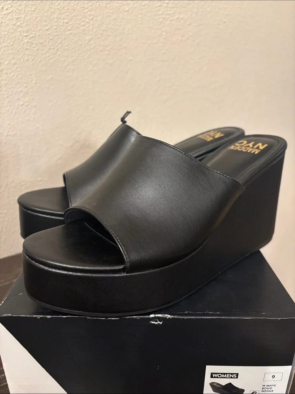 Madden NYC Black Platform Wedge Slides